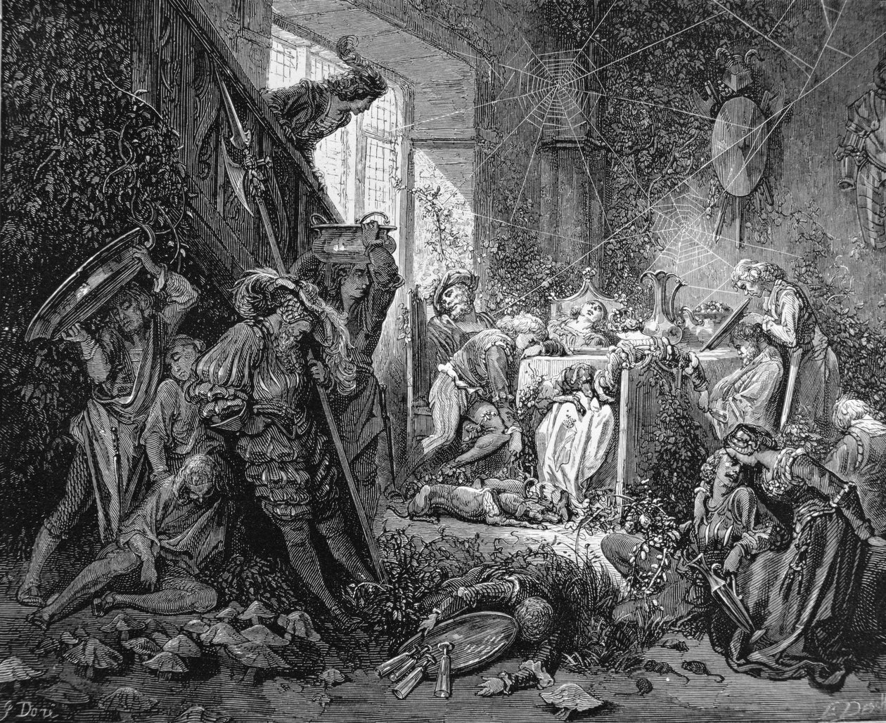 A herceg megérkezik az elvarázsolt kastélyba, illusztrációja Charles Perrault (1628-1703) „A Csipkerózsika” című művéhez alkotó: Gustave Dore