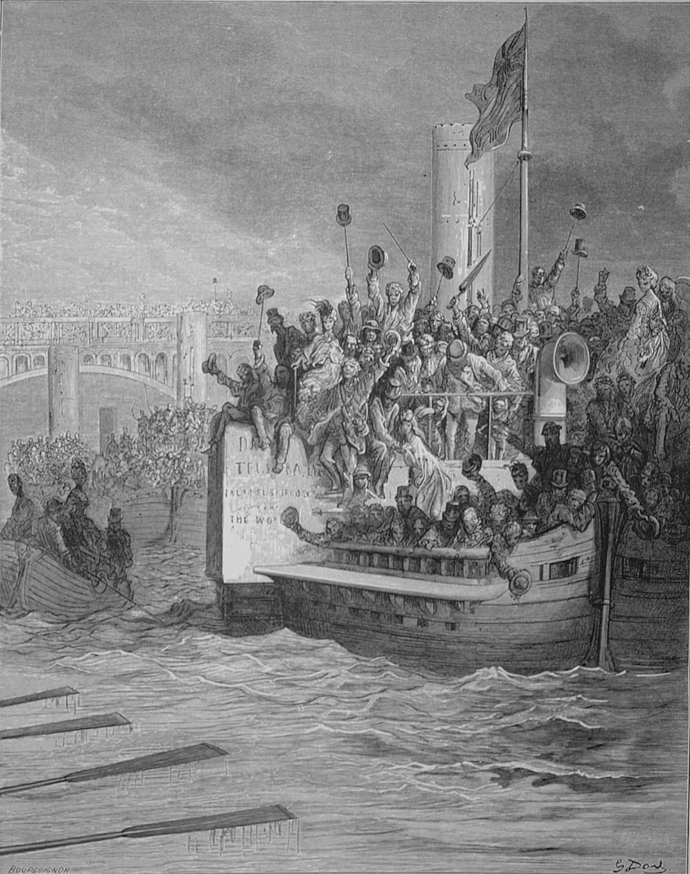 The Race, a „London, a Zarándoklat”-ból, írta William Blanchard Jerrold (1826-84), metszette: Bourguignon, kocsma. 1872 alkotó: Gustave Dore