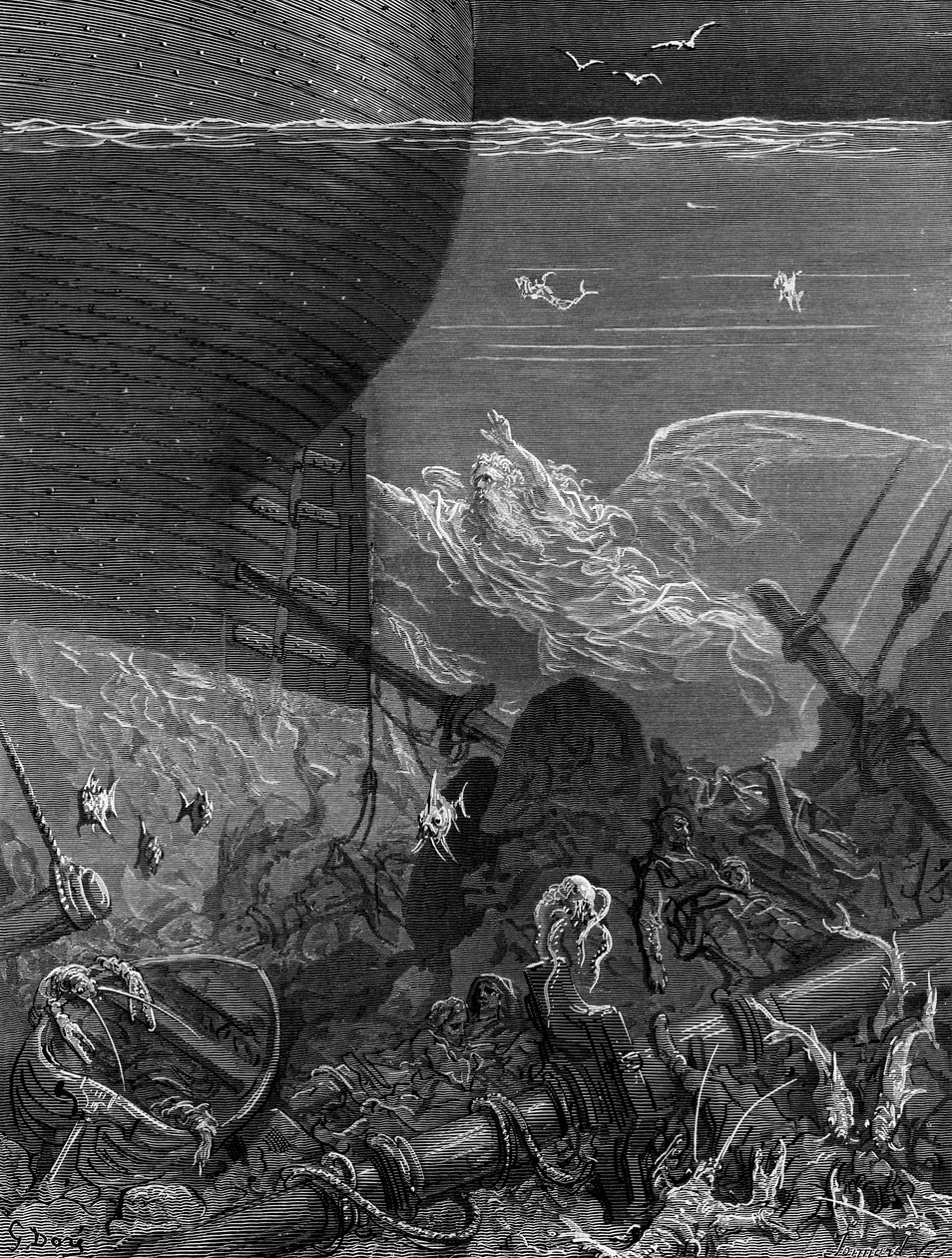 A Szellem, amely követte a hajót az Antarktiszról, jelenet S.T. „The Rime of the Ancient Mariner” című művéből. Coleridge, kiadó: Harper und Brothers, New York, 1876 (fametszet) alkotó: Gustave Dore
