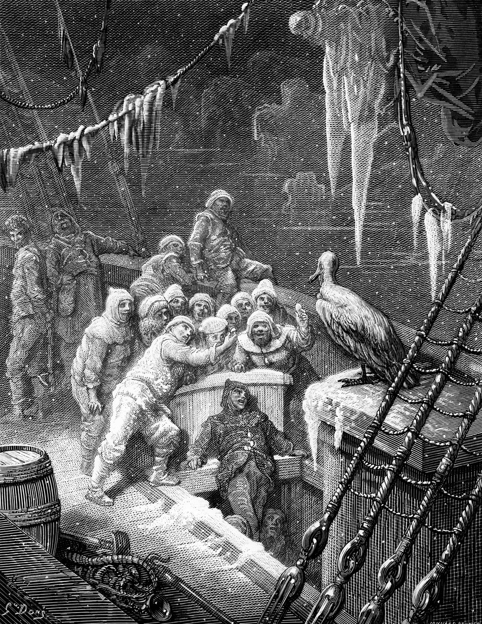 Az albatrosz, amelyet az Antarktisz fagyos tengerén rekedt hajó matrózai etetnek, jelenet S.T. Coleridge "The Rime of the Ancient Mariner" című művéből, írta S.T. Coleridge, kiadta a Harper Kiadó. alkotó: Gustave Dore