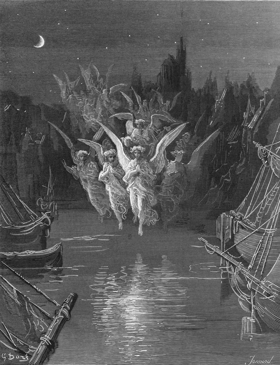Az angyali szellemek elhagyják a holttesteket, és saját fényformájukban jelennek meg, jelenet S.T. „The Rime of the Ancient Mariner”-ből. Coleridge, kiadó: Harper und Brothers, New York, 1876 (wood e alkotó: Gustave Dore