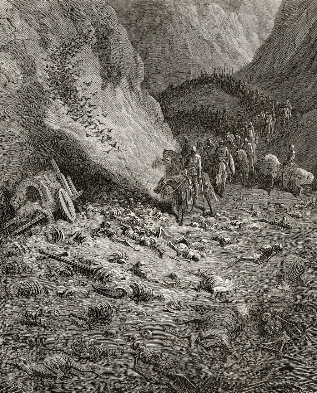 A második keresztes hadjárat hadserege megtalálta az első keresztes hadjárat katonáinak maradványait, a „Bibliotheque des Croisades” illusztrációja, J-F. Michaud, 1877 alkotó: Gustave Dore
