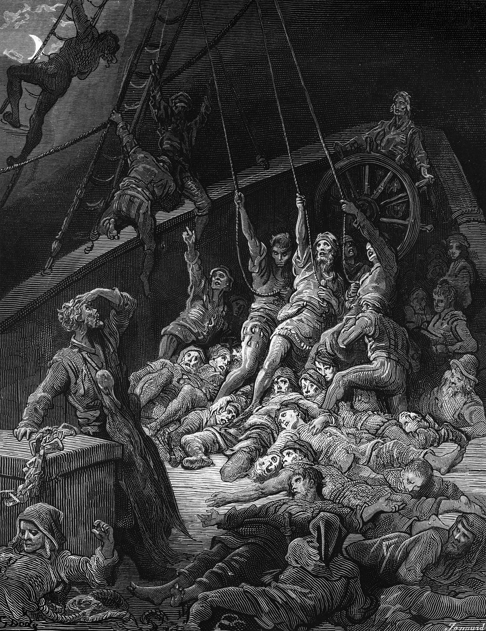 A halott matrózok felkelnek, és elkezdik megdolgozni a hajó köteleit, hogy a hajó mozgásba lendüljön, jelenet S.T. Coleridge "The Rime of the Ancient Mariner" című művéből, kiadta a Harper und Brothers, New York, 18. alkotó: Gustave Dore