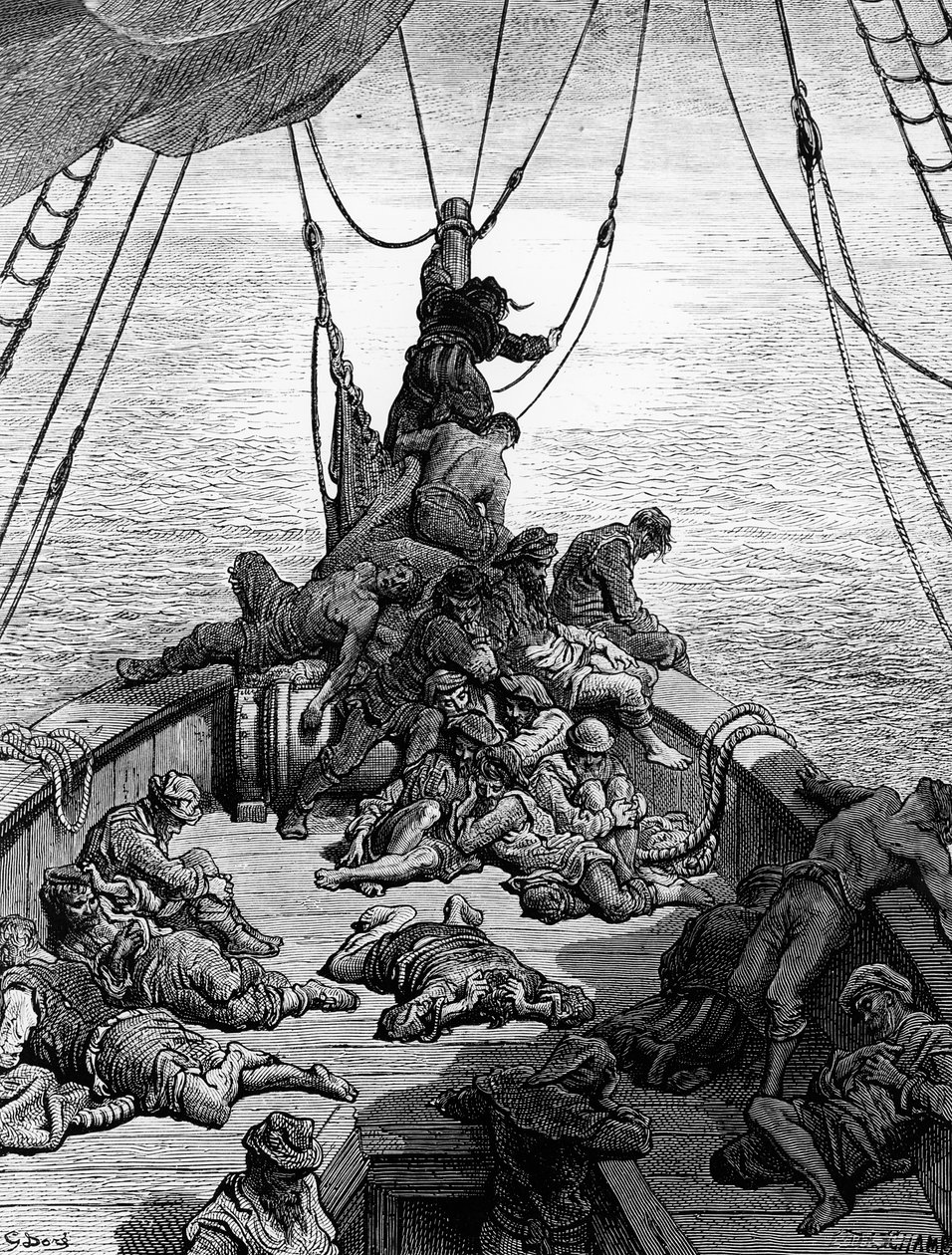 A tengerészek megnyugodtak és szomjúságtól gyötörték, jelenet S.T. „Az ókori tengerész öregje” című művéből. Coleridge, szerző: S.T. Coleridge, kiadó: Harper und Brothers, New York, 1876 (fametszet) alkotó: Gustave Dore