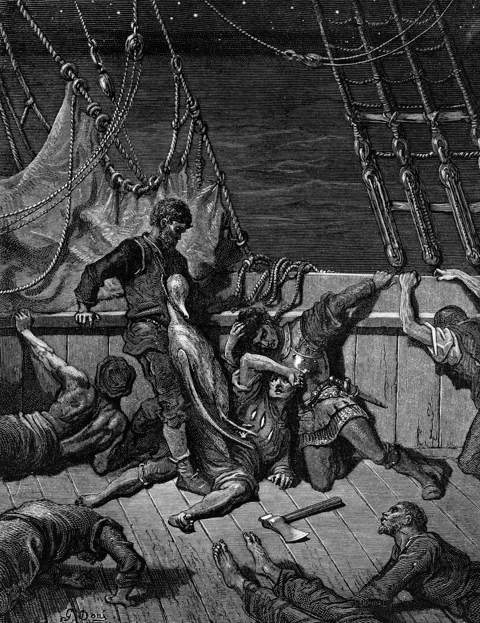 A tengerészek megátkozzák a tengerészt, aki a halott albatroszt kénytelen a nyakában viselni, jelenet az ókori tengerészek kora című művéből, S.T. Coleridge, kiadó: Harper und Sons, New York, 1876 (wood engra alkotó: Gustave Dore