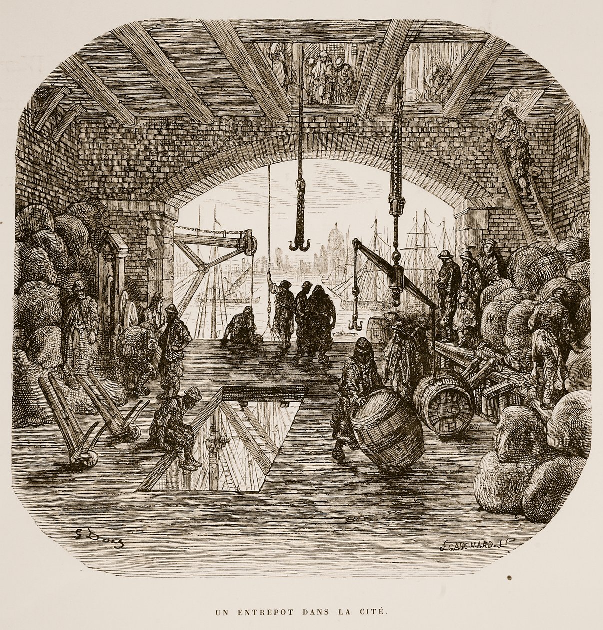 Raktározás, "London, egy zarándoklat"-ból, írta William Blanchard Jerrold (1826-94) és metszett Gauchard, pub. 1872 alkotó: Gustave Dore