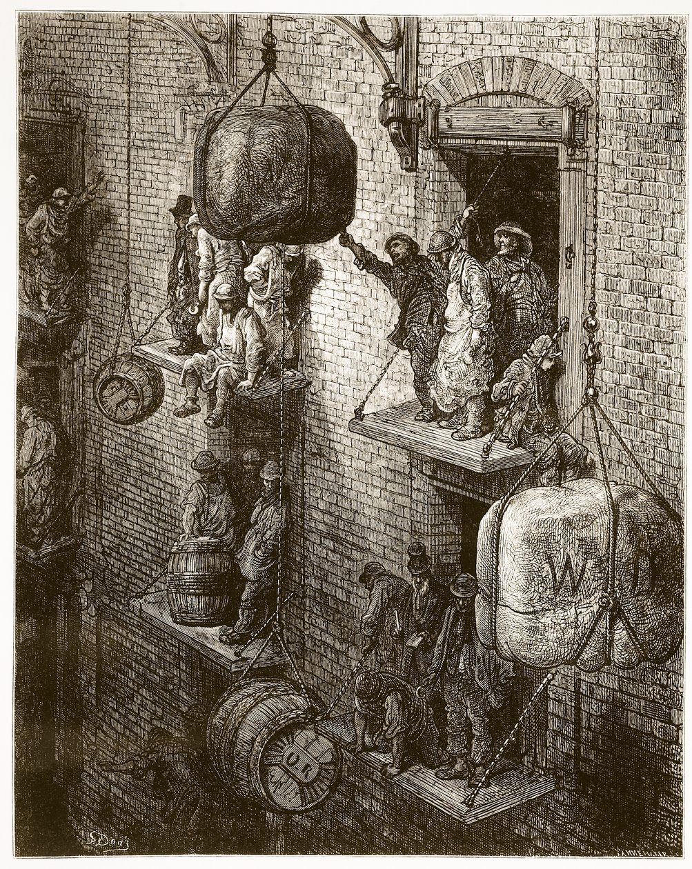 Raktározás a városban, William Blanchard Jerrold (1826-84) "London, egy zarándoklat" című művéből, melyet Adolphe Francois Pannemaker (szül. 1822) metszett. pub. 1872 alkotó: Gustave Dore