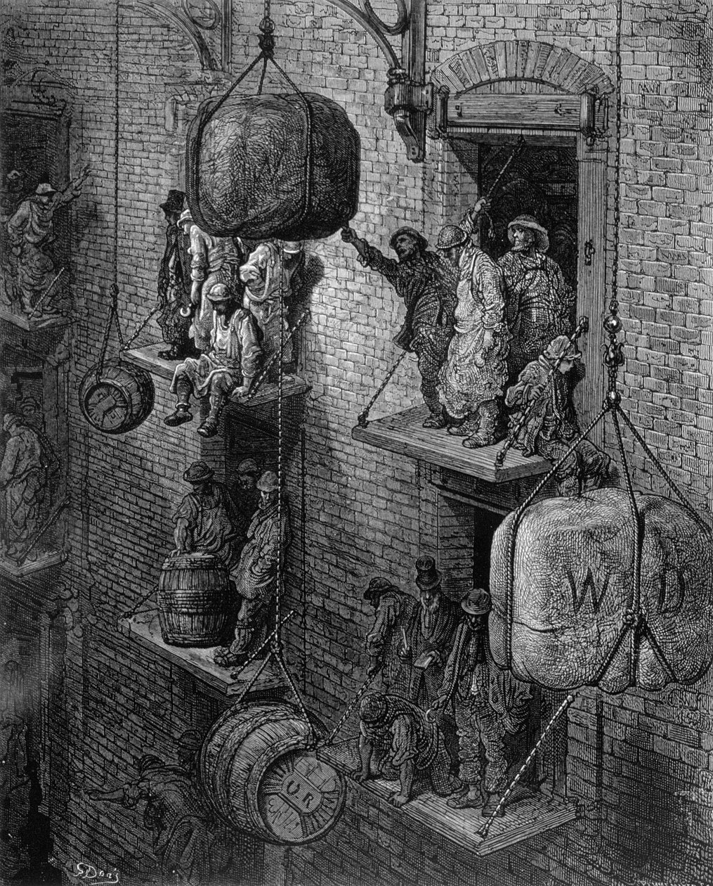 Raktározás a városban, a „London, egy zarándoklat”-ból, írta William Blanchard Jerrold (1826-84), metszett Stephane Pannemaker (1847-1930), kocsma. 1872 alkotó: Gustave Dore