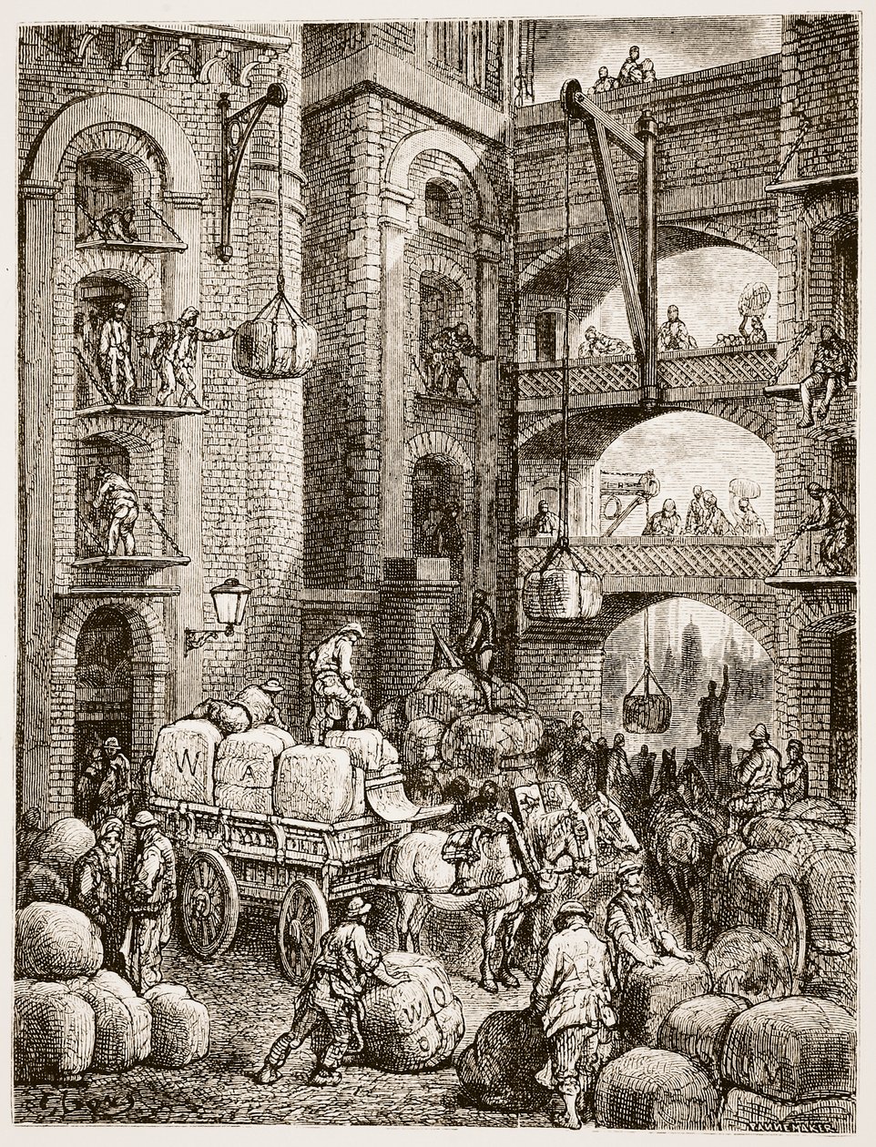 Dolgozók, akik egy raktárban végzik dolgukat, „London, egy zarándoklat”, William Blanchard Jerrold (1826-94) írója és Pannemaker metszet, kocsma. 1872 alkotó: Gustave Dore