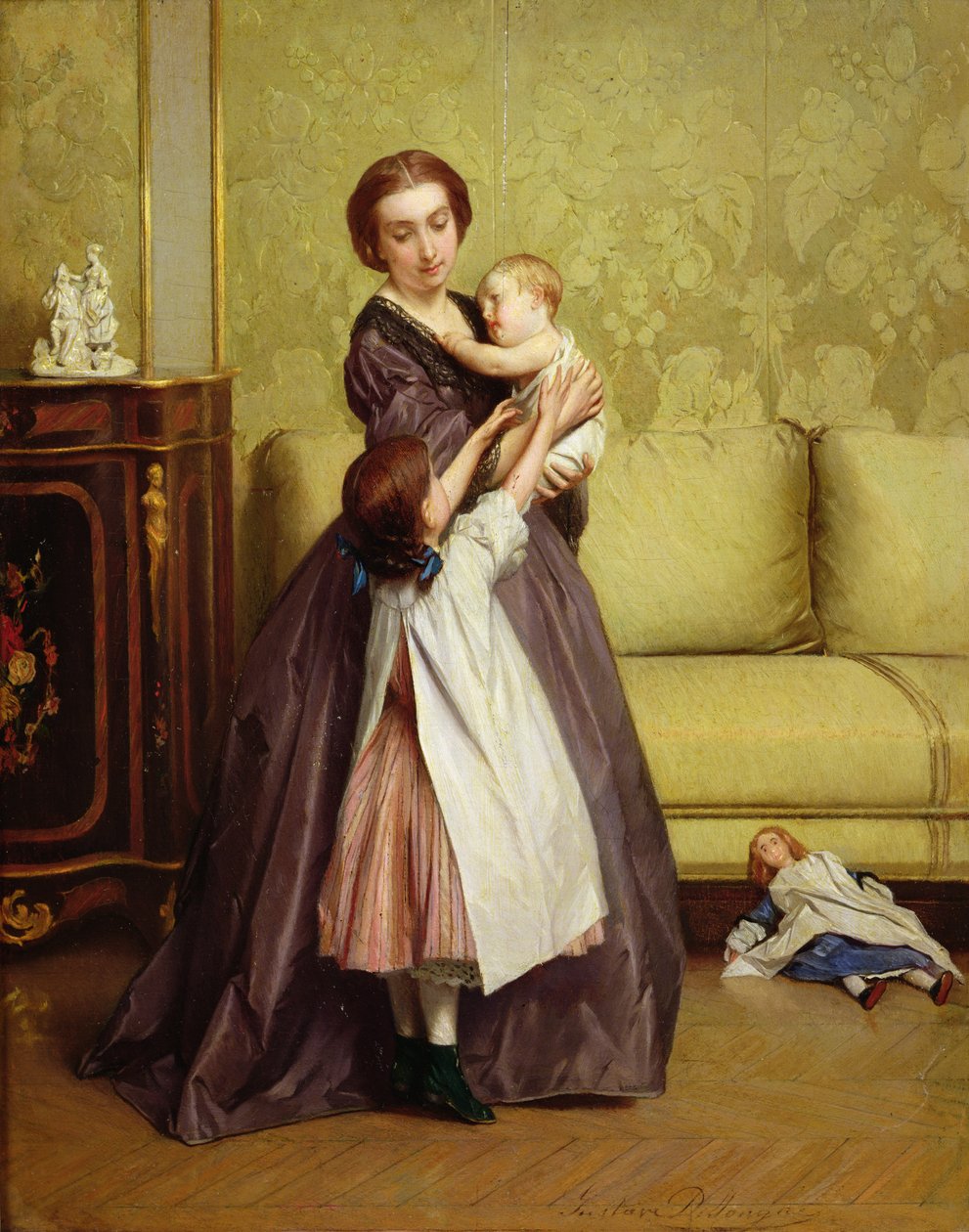 Fiatal anya gyermekeivel egy szalonban alkotó: Gustave Léonard de Jonghe