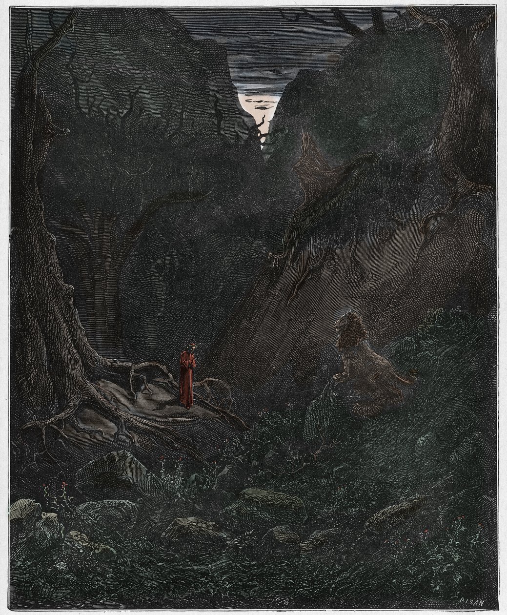 Inferno, 1. ének: Az oroszlán hirtelen szembeszáll Dantéval, illusztráció Dante Alighieri Isteni színjátékából, 1885 (digitálisan színes metszet) alkotó: Gustave after Dore