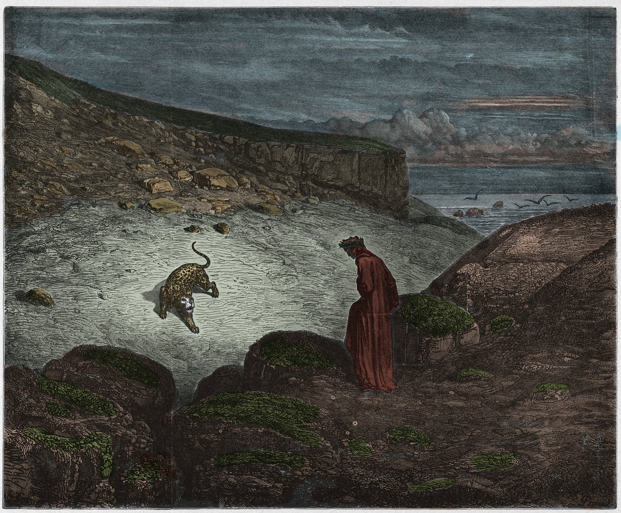 Inferno, 1. ének: A párduc az emelkedés elején, illusztráció Dante Alighieri Isteni színjátékából, 1885 (digitálisan színes metszet) alkotó: Gustave after Dore