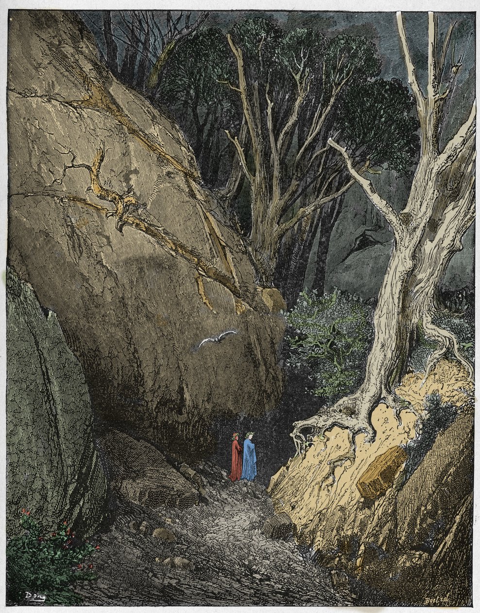 Inferno, 1. ének: Vergilius és Dante megkezdik útjukat, illusztráció Dante Alighieri Isteni színjátékából, 1885 (digitálisan színes metszet) alkotó: Gustave after Dore