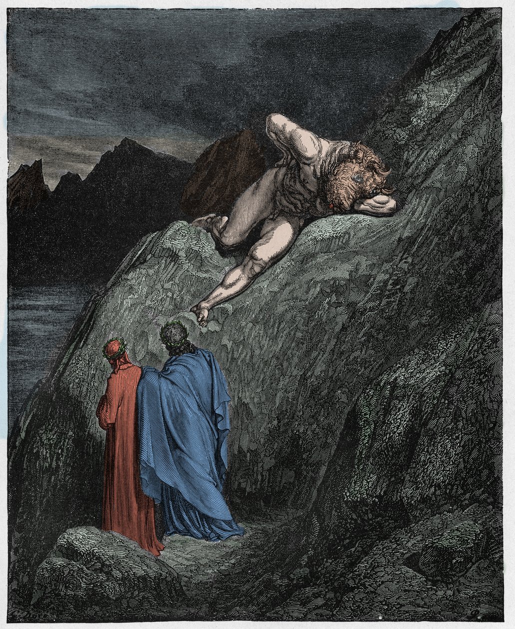 Inferno, 12. ének: A Minotaurusz (Minotaurusz) a széttört sziklán, illusztráció Dante Alighieri Isteni színjátékából, 1885 (digitálisan színes metszet) alkotó: Gustave after Dore