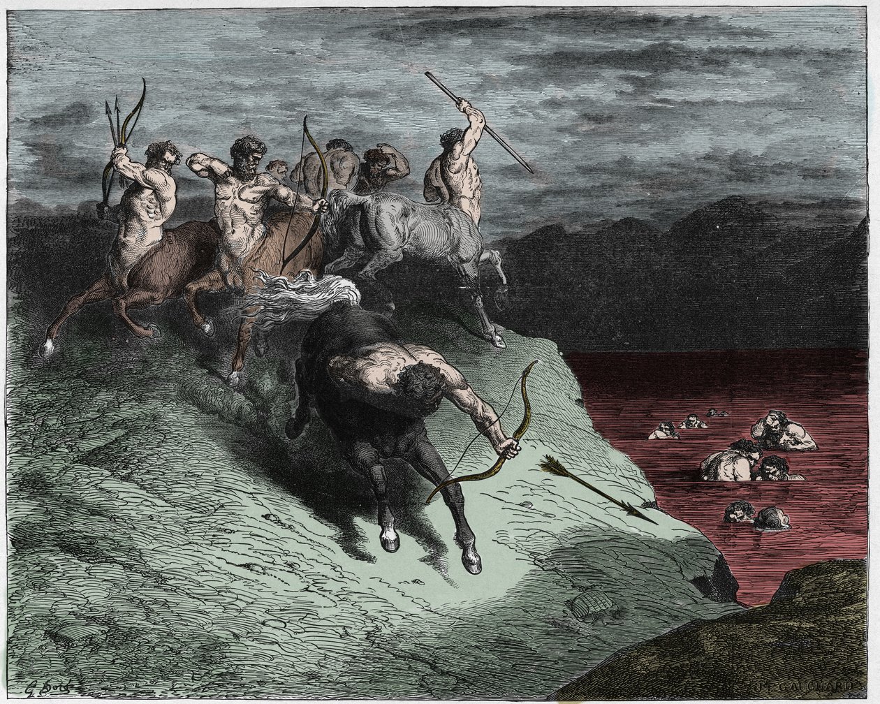 Inferno, 12. ének : A kentaurok forró vérben támadnak a lelkekre, illusztráció Dante Alighieri Isteni komédiájából, 1885 (digitálisan színezett metszet) alkotó: Gustave after Dore