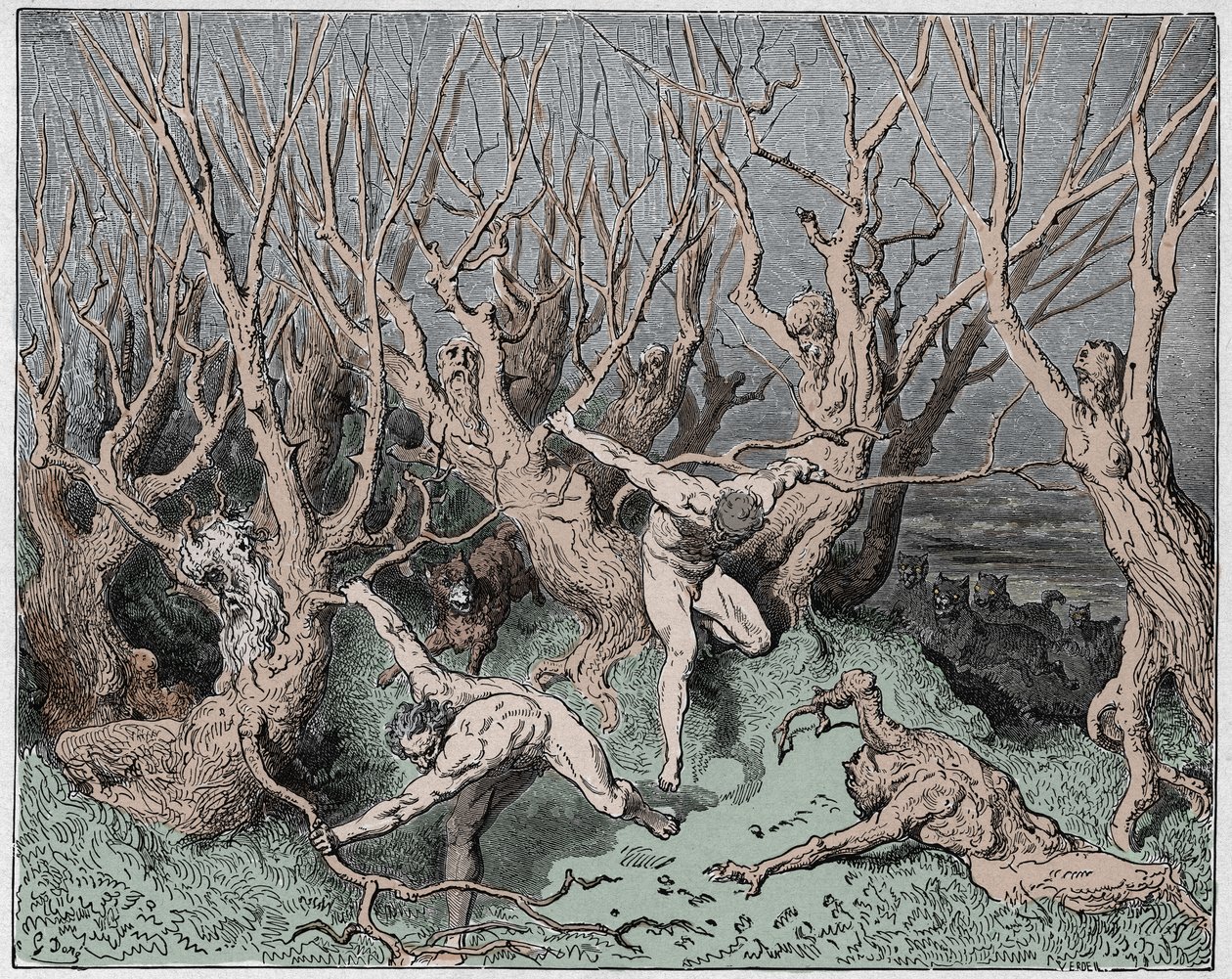 Inferno, 13. ének: Az öngyilkosok az erdőből menekülnek, illusztráció Dante Alighieri Isteni színjátékából, 1885 (digitálisan színes metszet) alkotó: Gustave after Dore