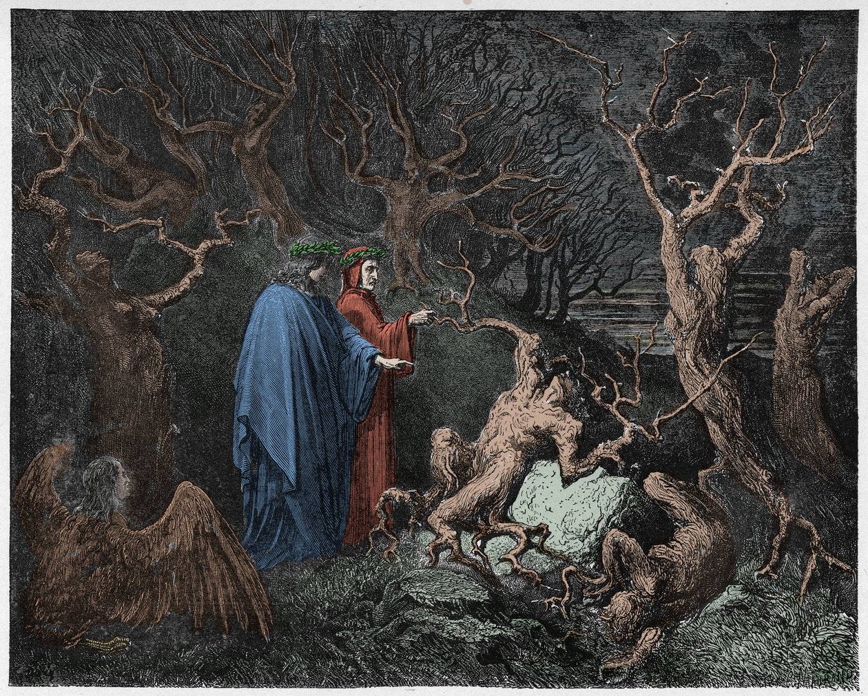 Inferno, 13. ének: Öngyilkosok az erdőben, illusztráció Dante Alighieri Isteni színjátékából, 1885 (digitálisan színes metszet) alkotó: Gustave after Dore
