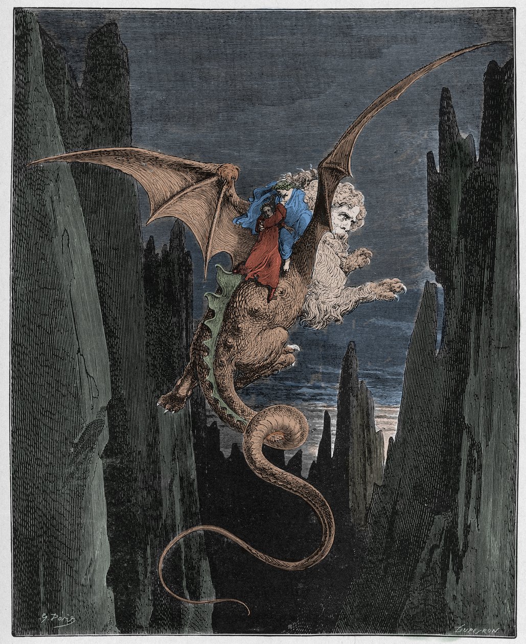 Inferno, 17. ének: Leereszkedés a mélységbe Geryons hátán, illusztráció Dante Alighieri Isteni színjátékából, 1885 (digitálisan színes metszet) alkotó: Gustave after Dore