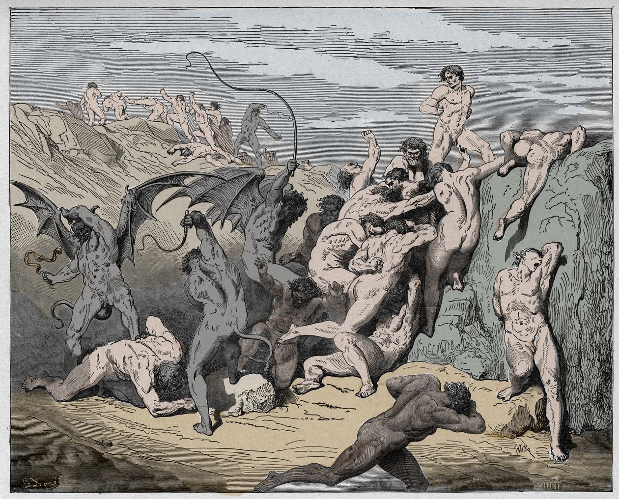 Inferno, 18. ének: Ördögök és csábítók, illusztráció Dante Alighieri Isteni színjátékából, 1885 (digitálisan színes metszet) alkotó: Gustave after Dore