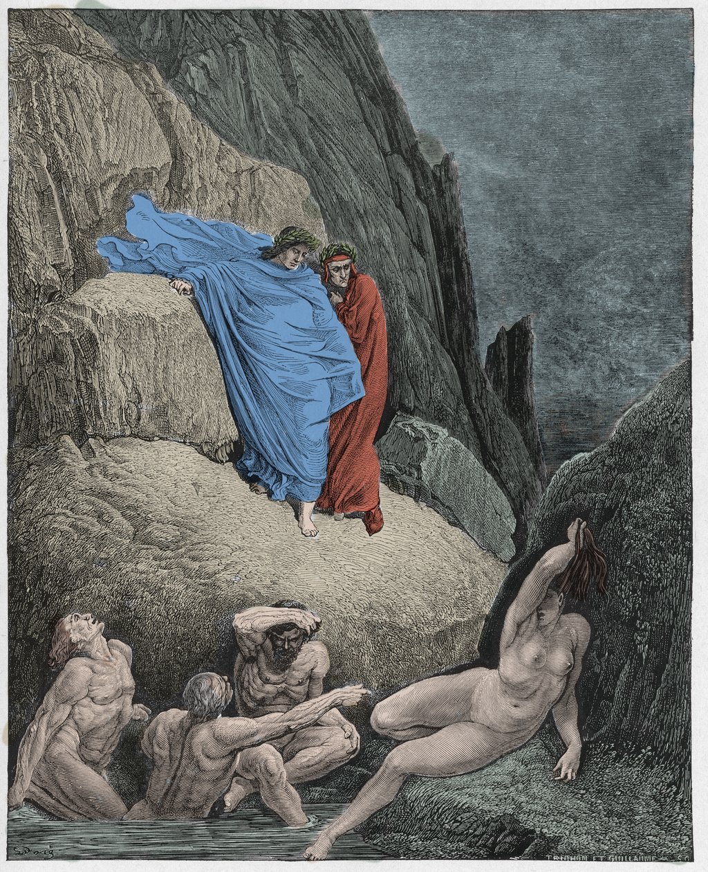 Inferno, 18. ének: Vergilius a thai árnyalatot mutatja Danténak, illusztráció Dante Alighieri Isteni színjátékából, 1885 (digitálisan színes metszet) alkotó: Gustave after Dore