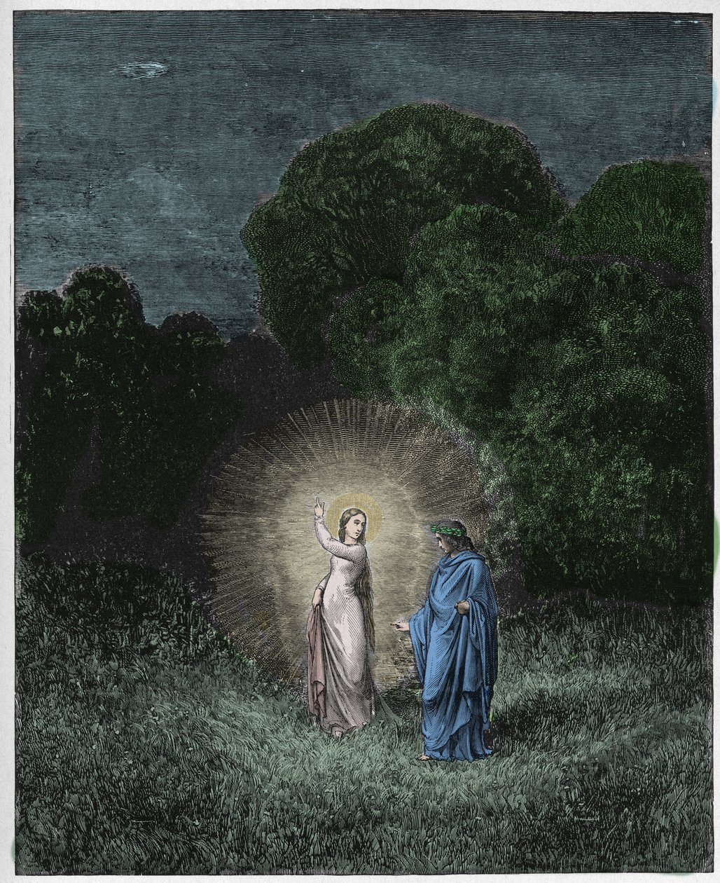 Inferno, 2. ének: Beatrice és Vergilius, illusztráció Dante Alighieri Isteni színjátékából, 1885 (digitálisan színes metszet) alkotó: Gustave after Dore