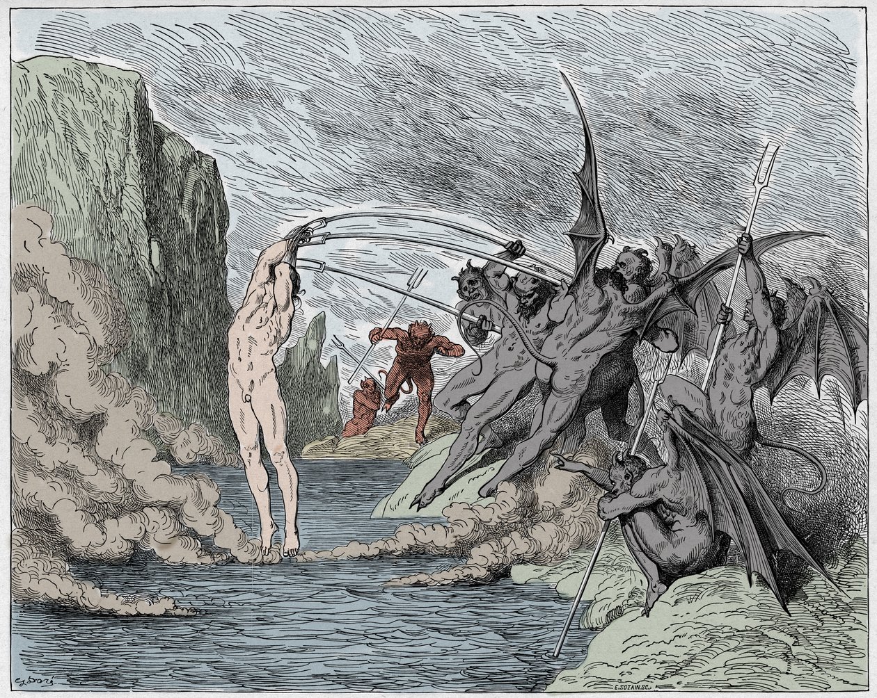 Inferno, 21. ének: Ördögök kínozzák a barrátorokat, illusztráció Dante Alighieri Isteni színjátékából, 1885 (digitálisan színes metszet) alkotó: Gustave after Dore