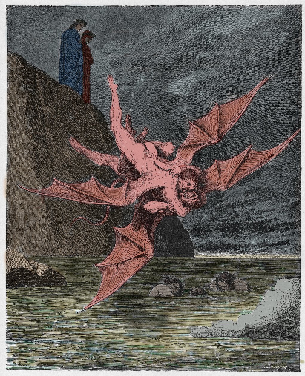 Inferno, Canto 22: Alichino és Calcabrina birkózik a pálya felett, illusztráció Dante Alighieri Isteni színjátékából, 1885 (digitálisan színes metszet) alkotó: Gustave after Dore