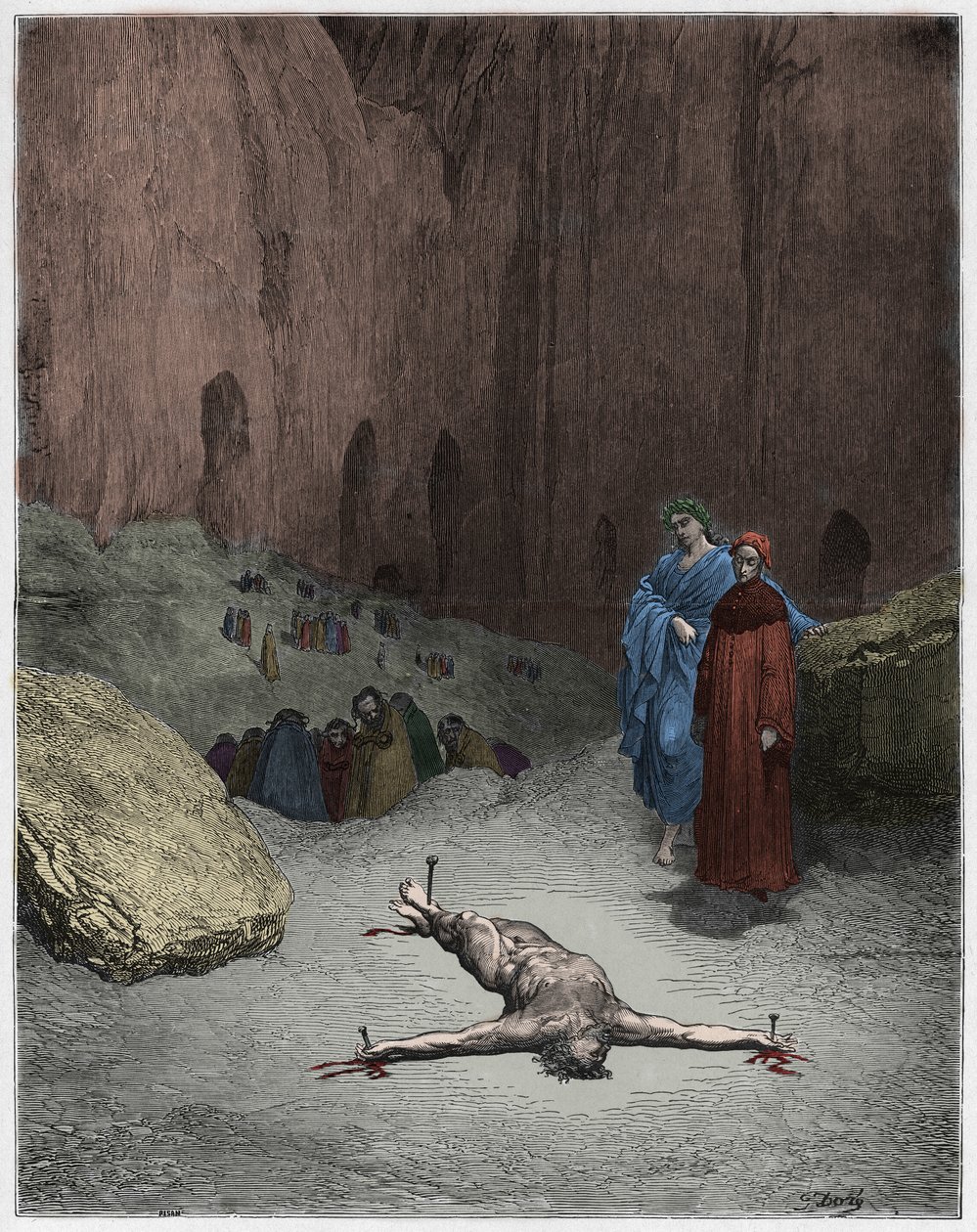 Inferno, 23. ének: Egy keresztre feszített farizeus a képmutatók között, illusztráció Dante Alighieri Isteni színjátékából, 1885 (digitálisan színes metszet) alkotó: Gustave after Dore