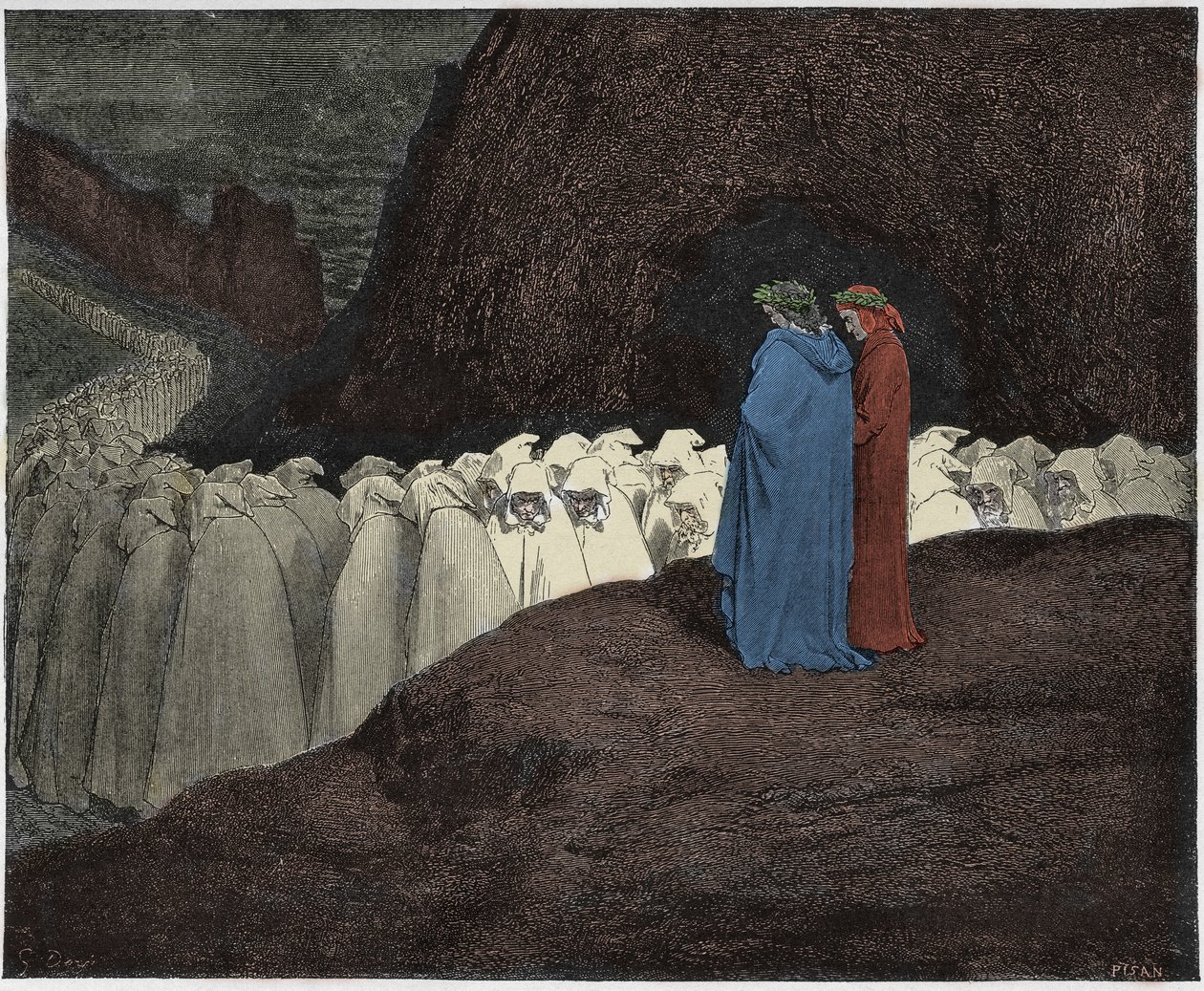 Inferno, 23. ének: A képmutatók megszólítják Dantét, illusztráció Dante Alighieri Isteni színjátékából, 1885 (digitálisan színes metszet) alkotó: Gustave after Dore
