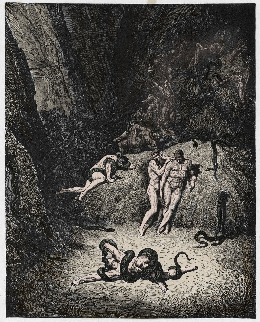 Inferno, 25. ének: Agnello kígyóvá változik, illusztráció Dante Alighieri Isteni színjátékából, 1885 (digitálisan színes metszet) alkotó: Gustave after Dore