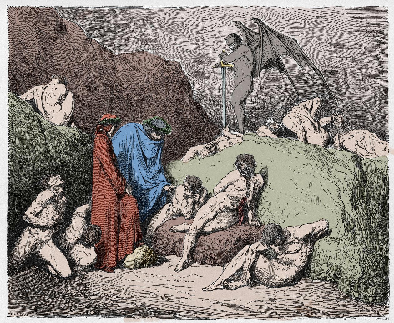 Inferno, 28. ének: A viszály megcsonkított vetői a kilencedik bolgiában, illusztráció Dante Alighieri Isteni színjátékából, 1885 (digitálisan színes metszet) alkotó: Gustave after Dore