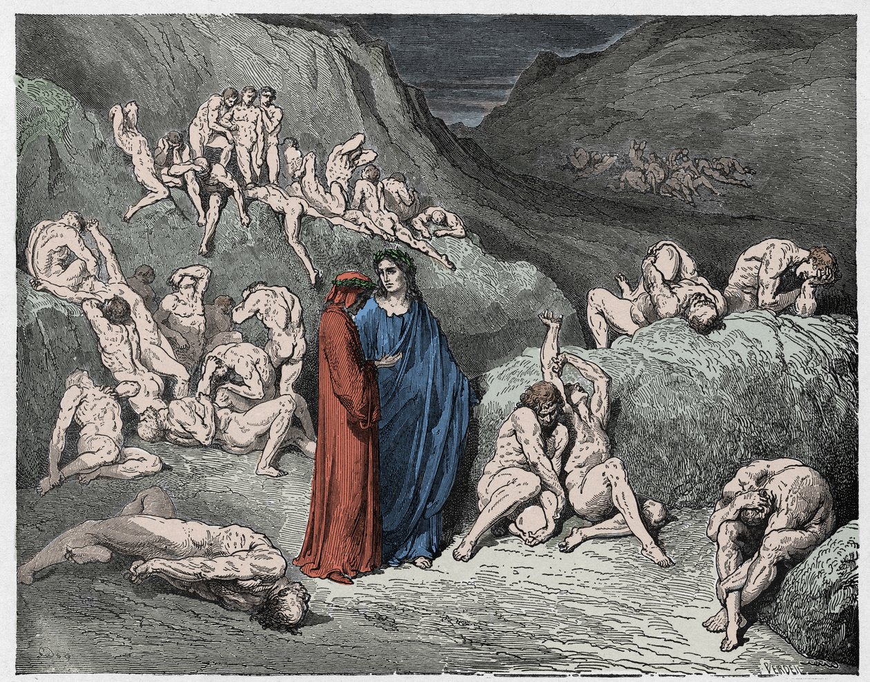 Inferno, 29. ének : A viszketéstől gyötört hamisítók és hamisítók, illusztráció Dante Alighieri Isteni komédiájából, 1885 (digitálisan színezett metszet) alkotó: Gustave after Dore