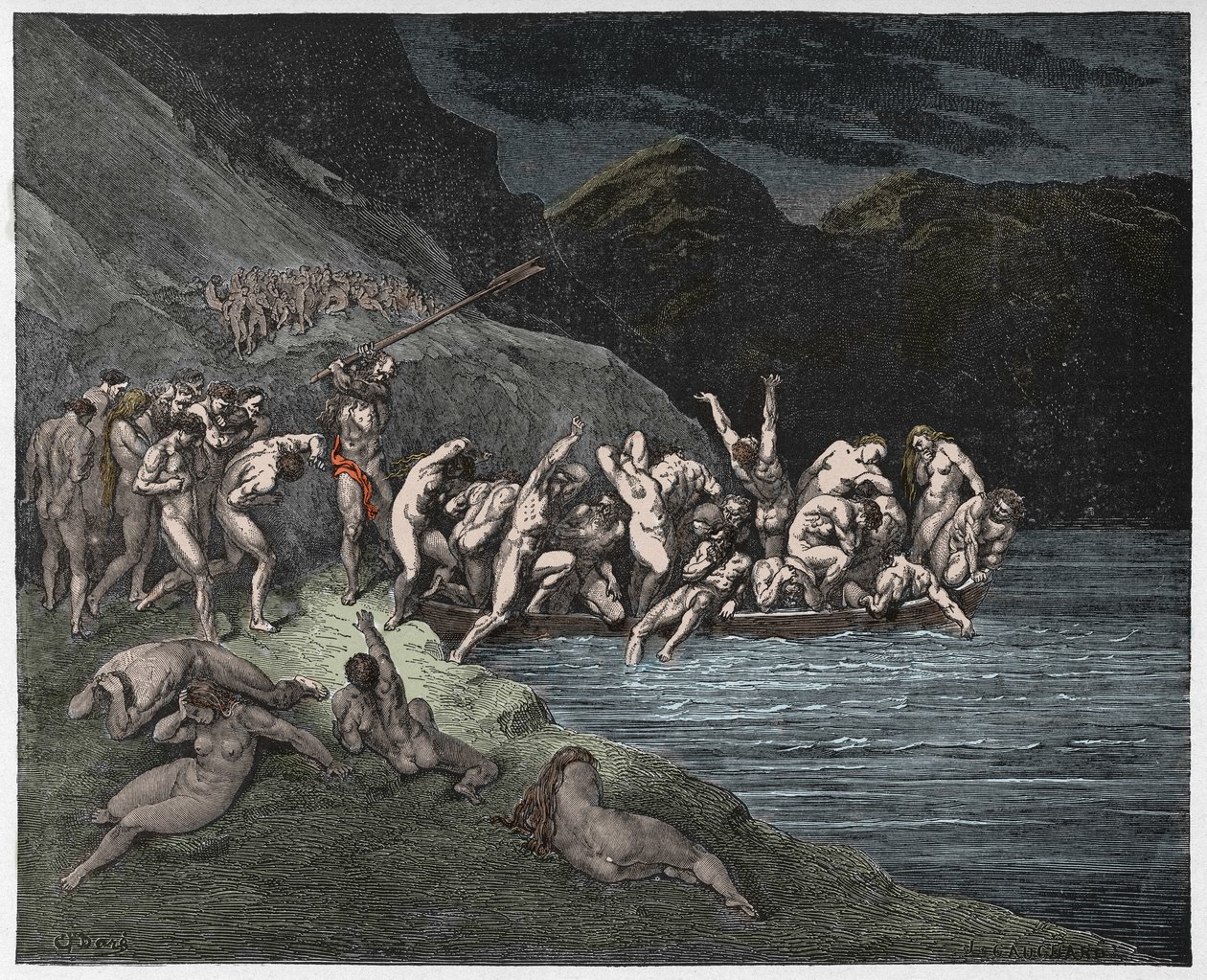 Inferno, 3. ének: A halálra ítélt lelkek az Acheron átkelésére, illusztráció Dante Alighieri Isteni színjátékából, 1885 (digitálisan színes metszet) alkotó: Gustave after Dore