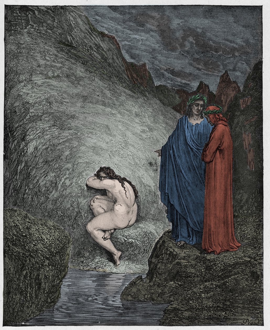 Inferno, 30. ének: Incesztusért elítélt mirha, illusztráció Dante Alighieri Isteni színjátékából, 1885 (digitálisan színes metszet) alkotó: Gustave after Dore