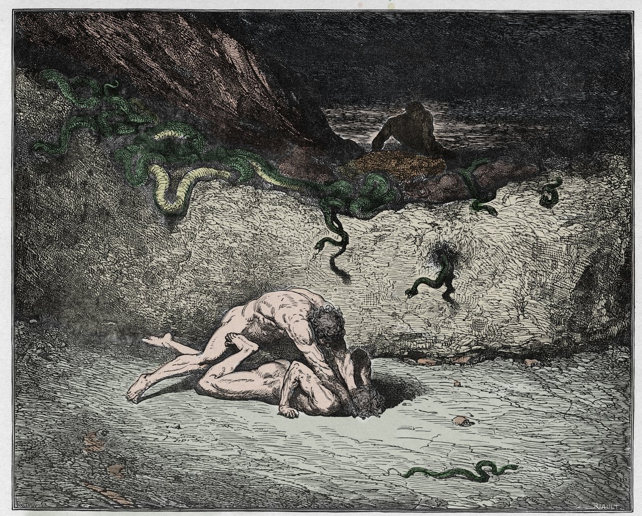 Inferno, 30. ének: A hamisítók gyötrelme a kilencedik bolgiában (Gianni Schicchi), illusztráció Dante Alighieri Isteni színjátékából, 1885 (digitálisan színes metszet) alkotó: Gustave after Dore