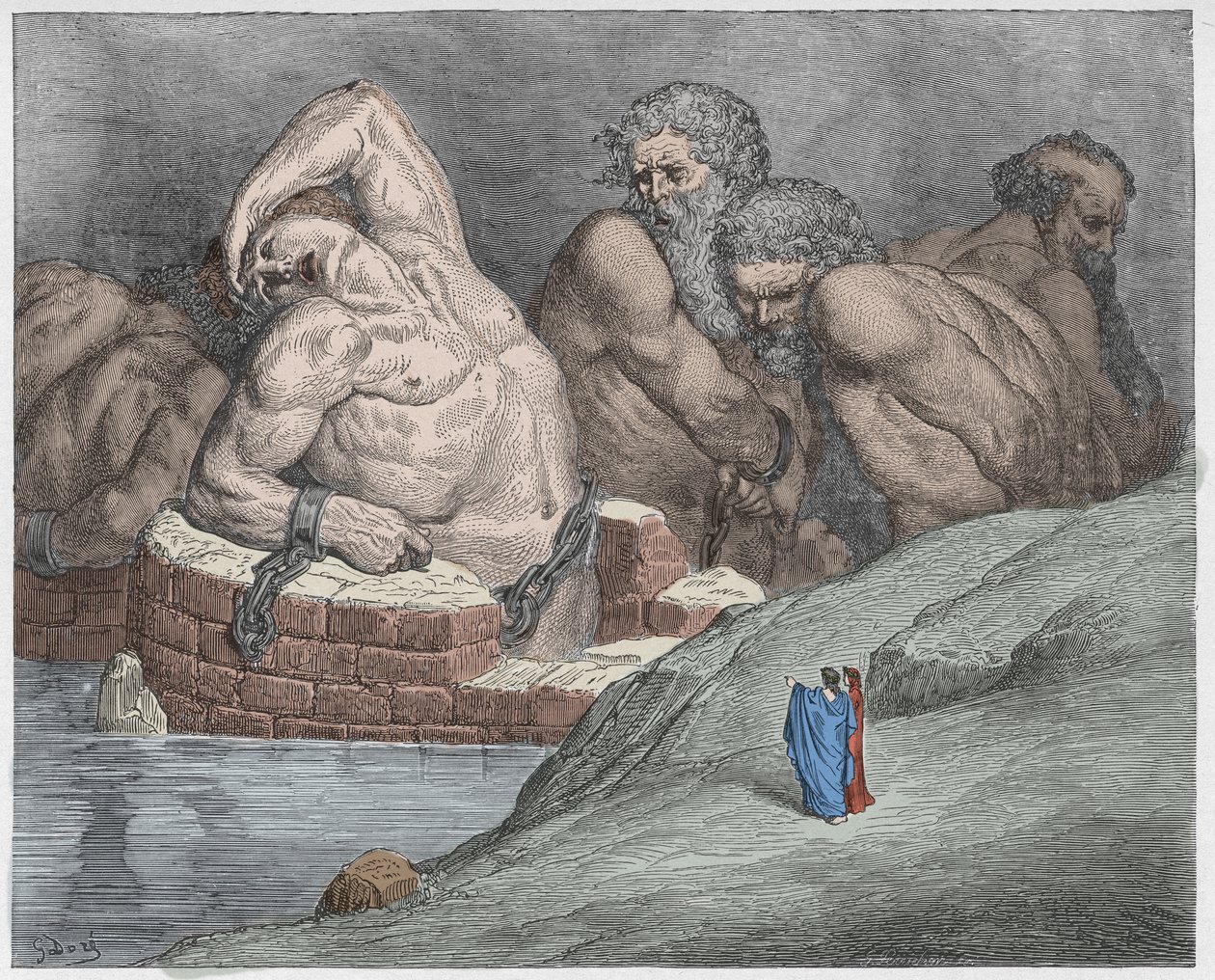Inferno, 31. ének: Ephialtes (Ephialte) bilincsben az óriások között, illusztráció Dante Alighieri Isteni színjátékából, 1885 (digitálisan színes metszet) alkotó: Gustave after Dore