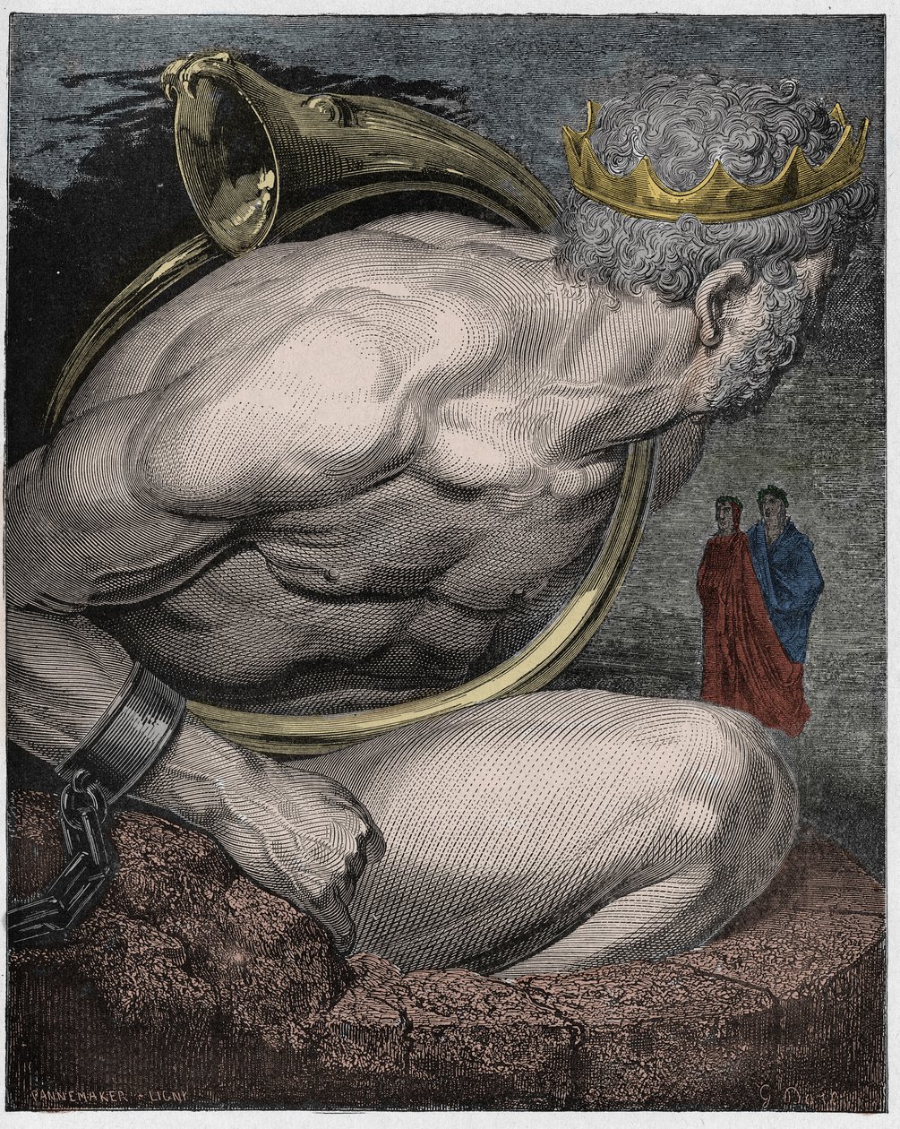 Inferno, 31. ének: Az óriások Nimródja (Nimrud, Nemrod), illusztráció Dante Alighieri Isteni színjátékából, 1885 (digitálisan színes metszet) alkotó: Gustave after Dore