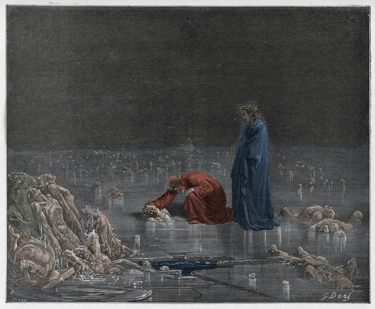 Inferno, 32. ének: Dante megszólítja az áruló Bocca degli Abatit, illusztráció Dante Alighieri Isteni színjátékából, 1885 (digitálisan színes metszet) alkotó: Gustave after Dore