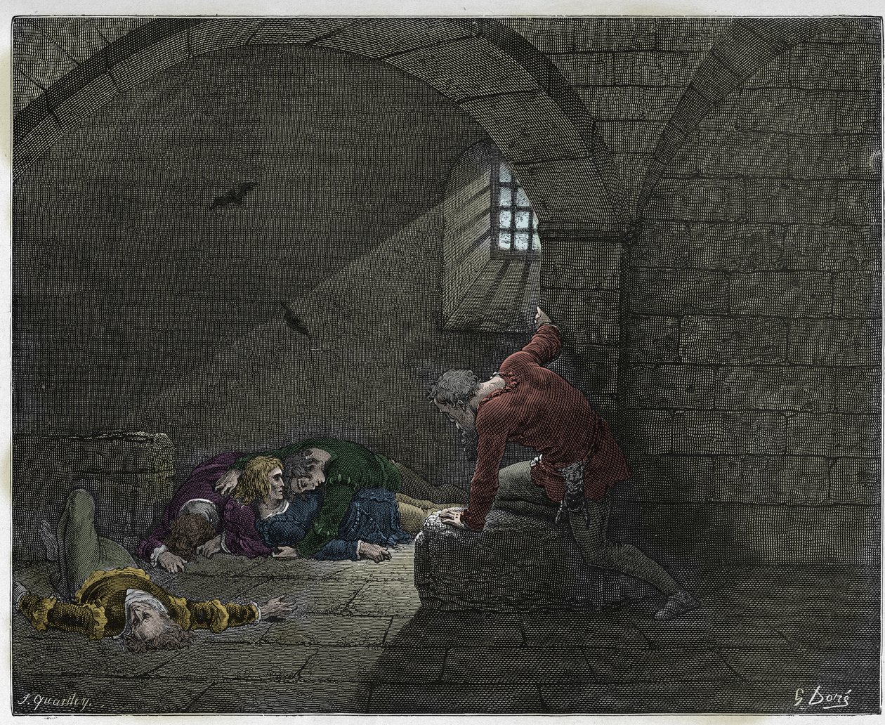 Inferno, Canto 33: Ugolino (Ugolin della Gherardesca) a cellában négy halott fiával, illusztráció Dante Alighieri Isteni színjátékából, 1885 (digitálisan színes metszet) alkotó: Gustave after Dore