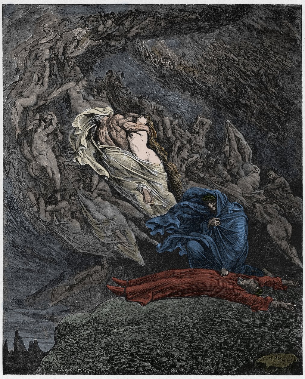 Inferno, 5. ének: Francesca Da Rimini leírja halálát, illusztráció Dante Alighieri Isteni színjátékából, 1885 (digitálisan színes metszet) alkotó: Gustave after Dore