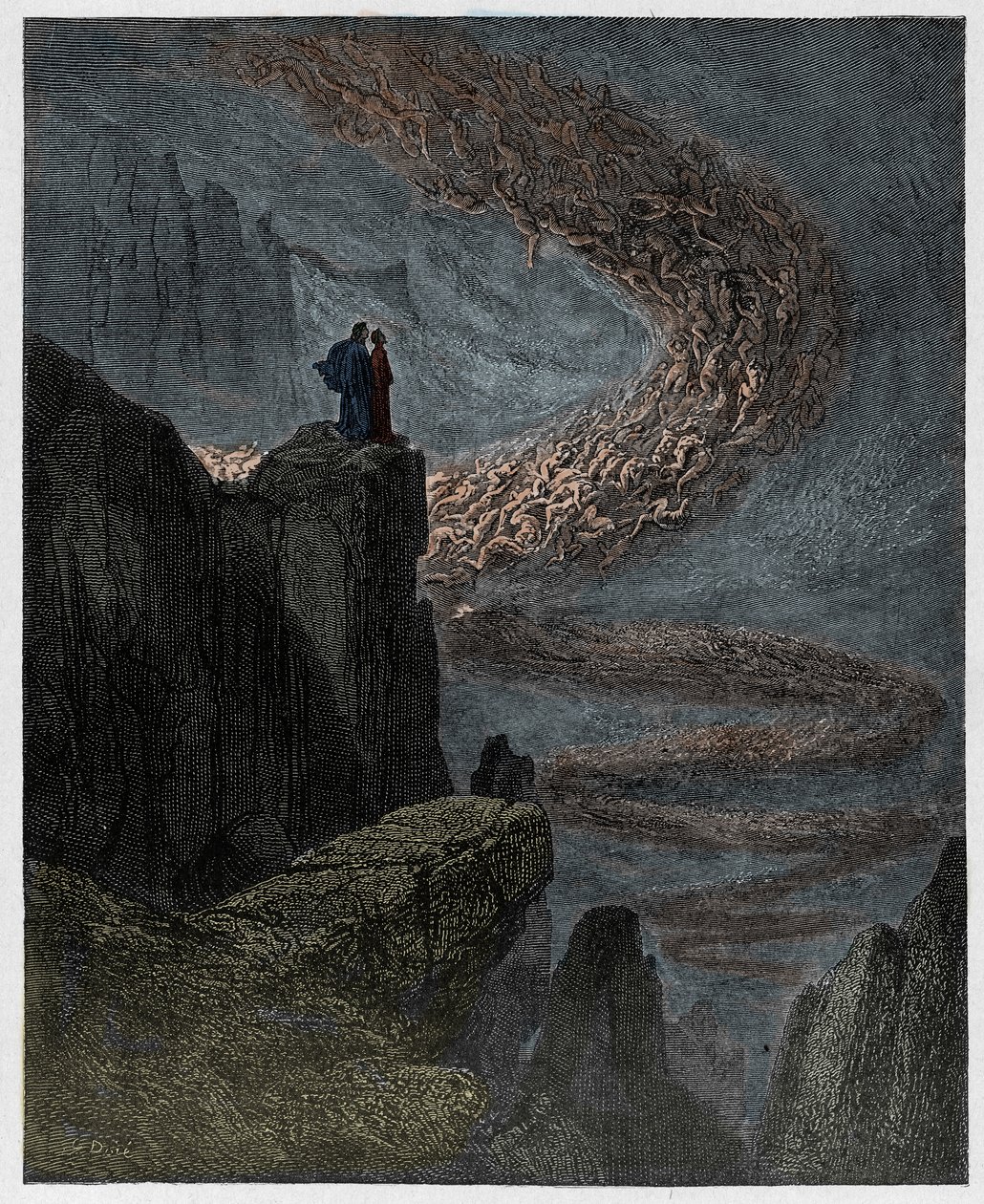 Inferno, 5. ének: Minos megítéli a vétket és kiküldi a lelkeket, illusztráció Dante Alighieri Isteni színjátékából, 1885 (digitálisan színes metszet) alkotó: Gustave after Dore