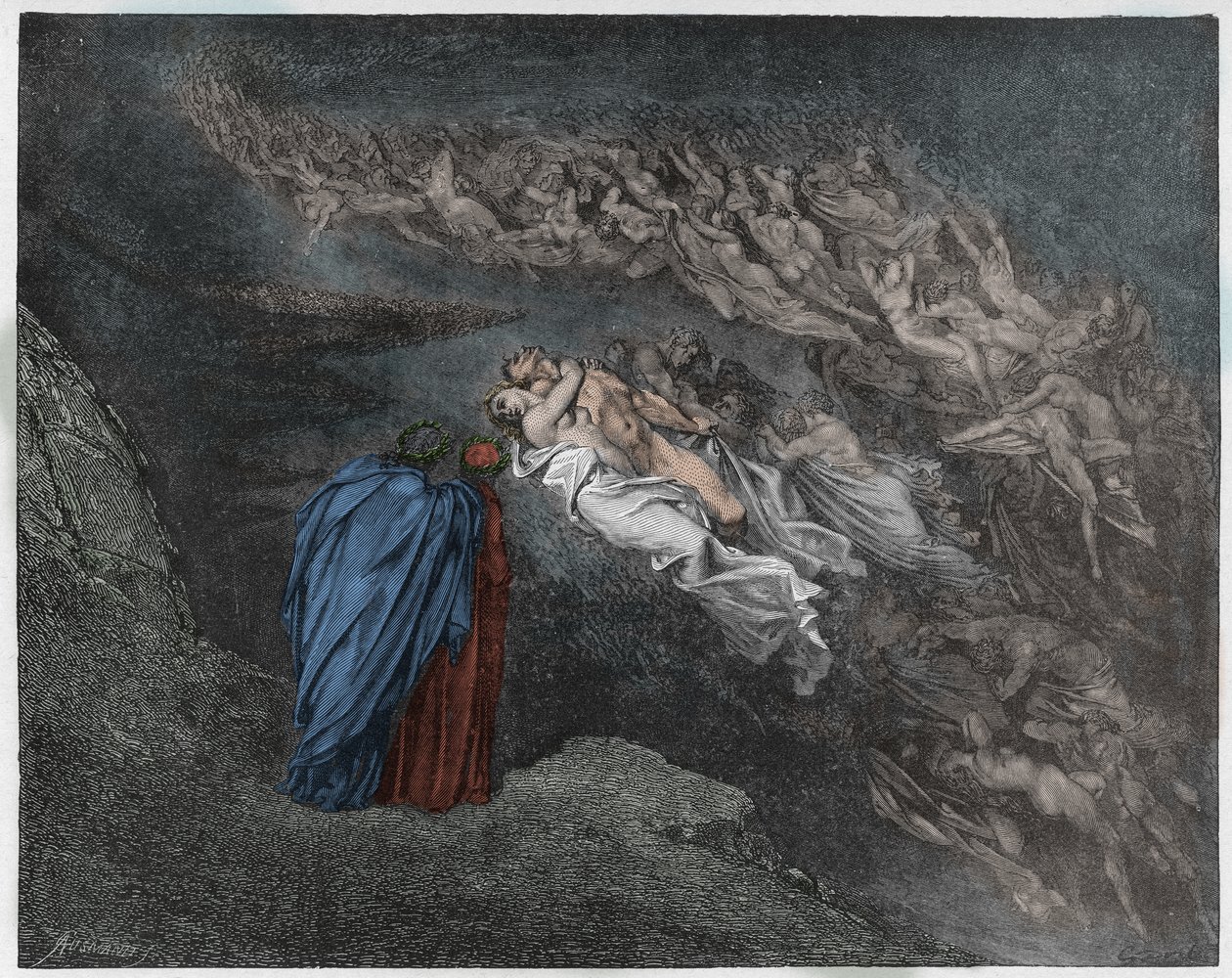 Inferno, 5. ének: Francesca Da Rimini lelke beszél Dantéval, illusztráció Dante Alighieri Isteni színjátékából, 1885 (digitálisan színes metszet) alkotó: Gustave after Dore