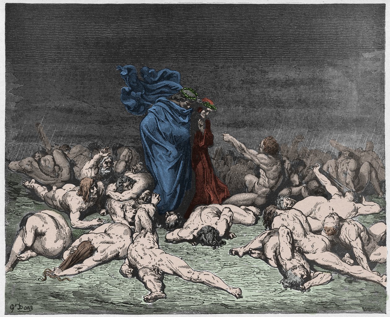 Inferno, 6. ének: Az örök esőtől megtépázott falánkok, illusztráció Dante Alighieri Isteni színjátékából, 1885 (digitálisan színes metszet) alkotó: Gustave after Dore