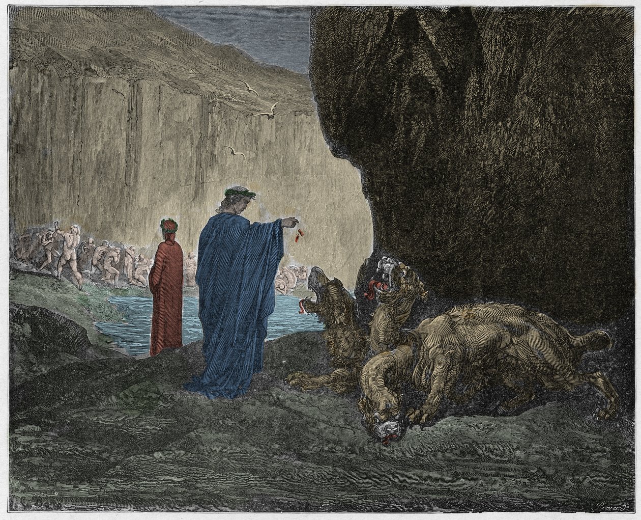 Inferno, 6. ének: Vergilius Cerberust (Cerbere) táplálja a harmadik körben, illusztráció Dante Alighieri Isteni színjátékából, 1885 (digitálisan színes metszet) alkotó: Gustave after Dore