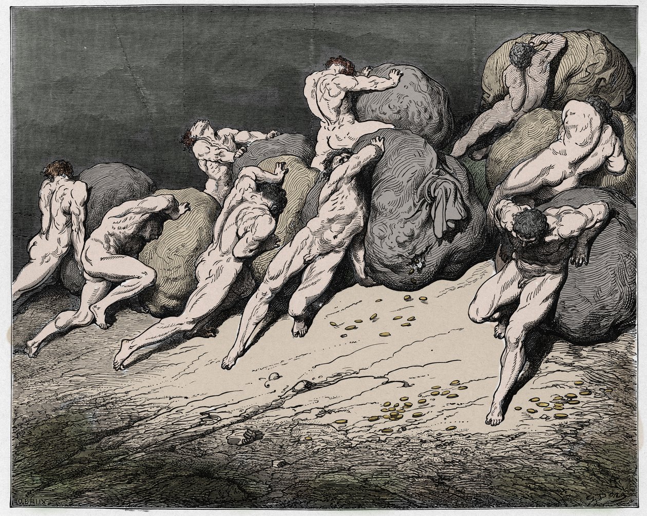 Inferno, 7. ének: A kapzsiak és a nehéz köveket hengerelni kényszerült tékozló lelkek, illusztráció Dante Alighieri Isteni színjátékából, 1885 (digitálisan színes metszet) alkotó: Gustave after Dore