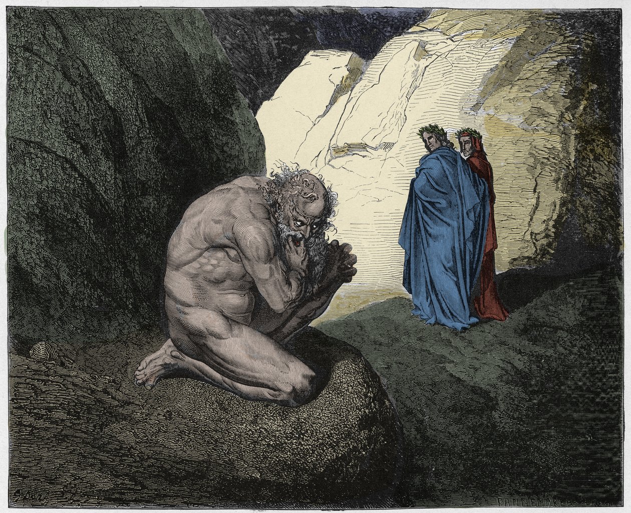 Inferno, 7. ének: Vergilius megfeddi Plutust (Ploutos) a negyedik kör bejáratánál, illusztráció Dante Alighieri Isteni színjátékából, 1885 (digitálisan színes metszet) alkotó: Gustave after Dore