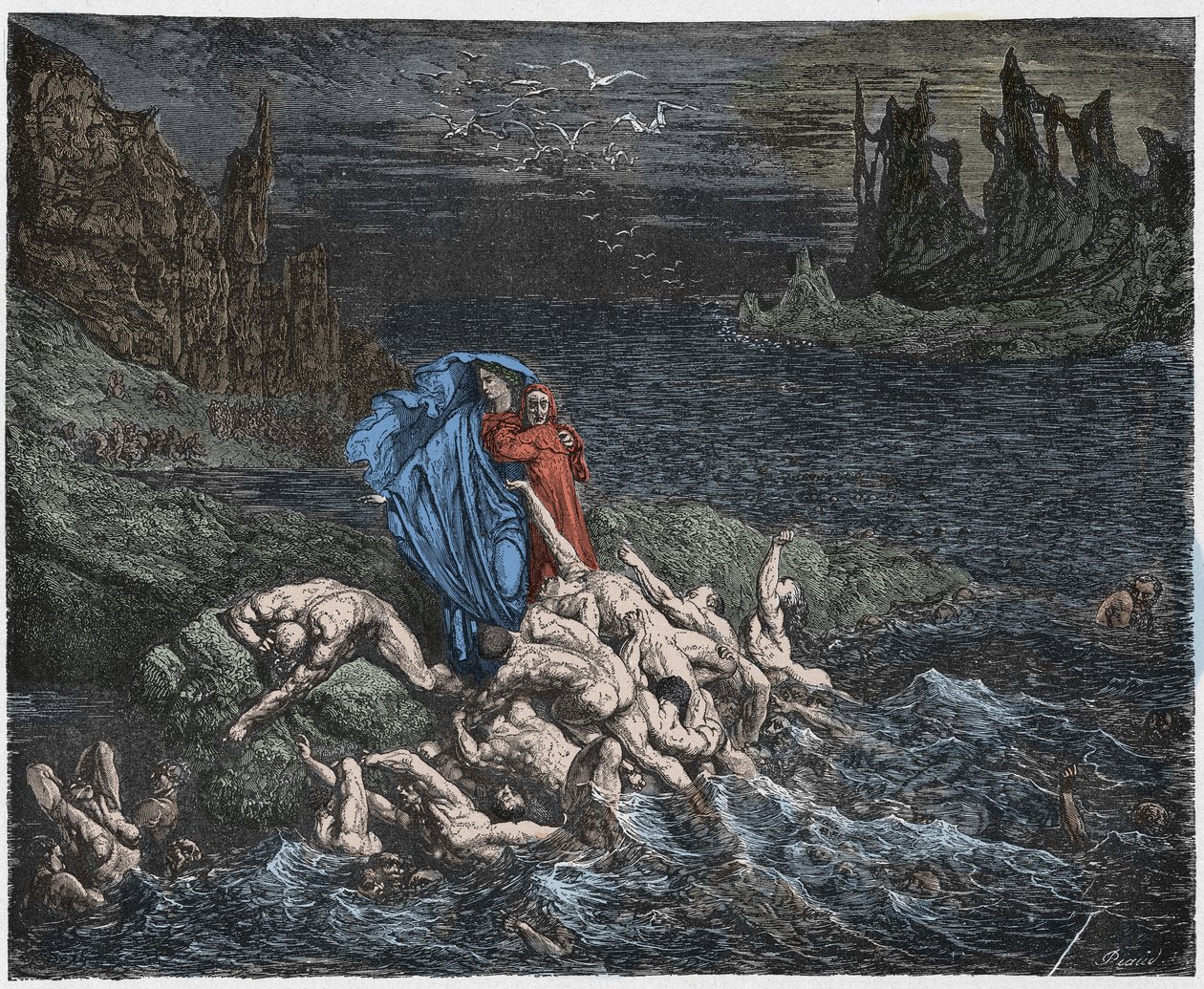 Inferno, 7. ének: Vergilius bemutatja Dantének a haragvók lelkét a Styxben, illusztráció Dante Alighieri Isteni színjátékából, 1885 (digitálisan színes metszet) alkotó: Gustave after Dore