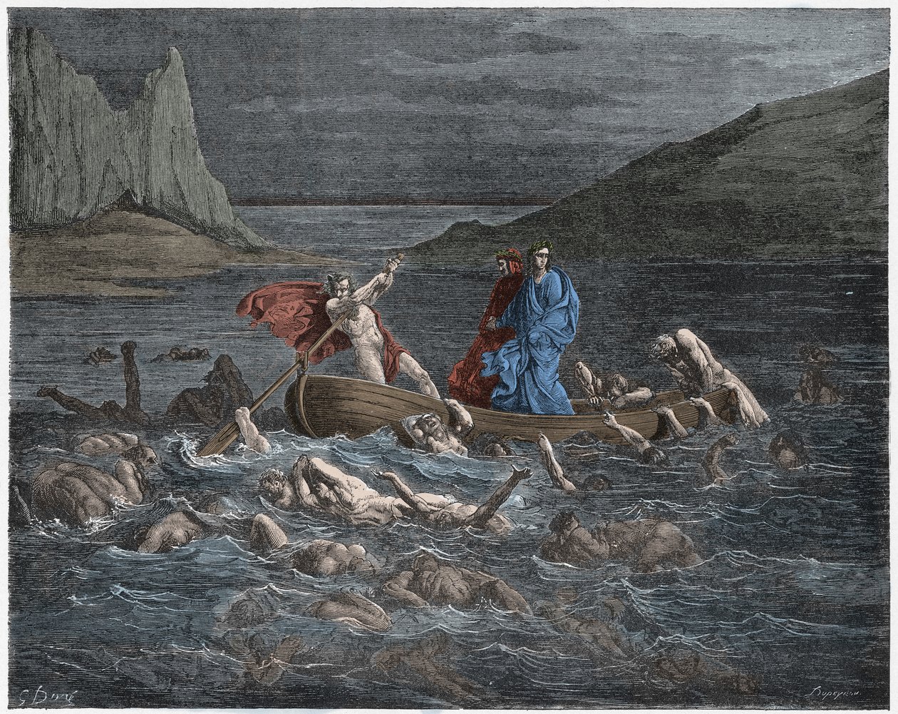 Inferno, 8. ének : Phlegyas (Phlegias) átviszi Dantét és Vergiliust a Styxen, illusztráció Dante Alighieri Isteni komédiájából, 1885 (digitálisan színezett metszet). alkotó: Gustave after Dore