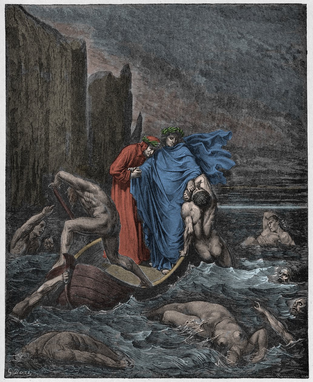 Inferno, 8. ének: A firenzei Philippo Argenti (Filippo Argenti) lelke a költőkhöz szól a Styxen, illusztráció Dante Alighieri Isteni színjátékából, 1885 (digitálisan színes metszet) alkotó: Gustave after Dore