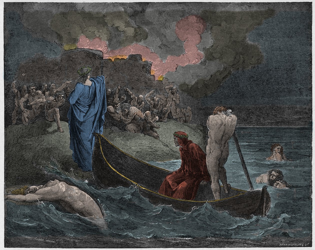 Inferno, 8. ének: Vergilius és Dante kiszállnak Dis (Dite) fellegvárában, illusztráció Dante Alighieri Isteni színjátékából, 1885 (digitálisan színes metszet) alkotó: Gustave after Dore